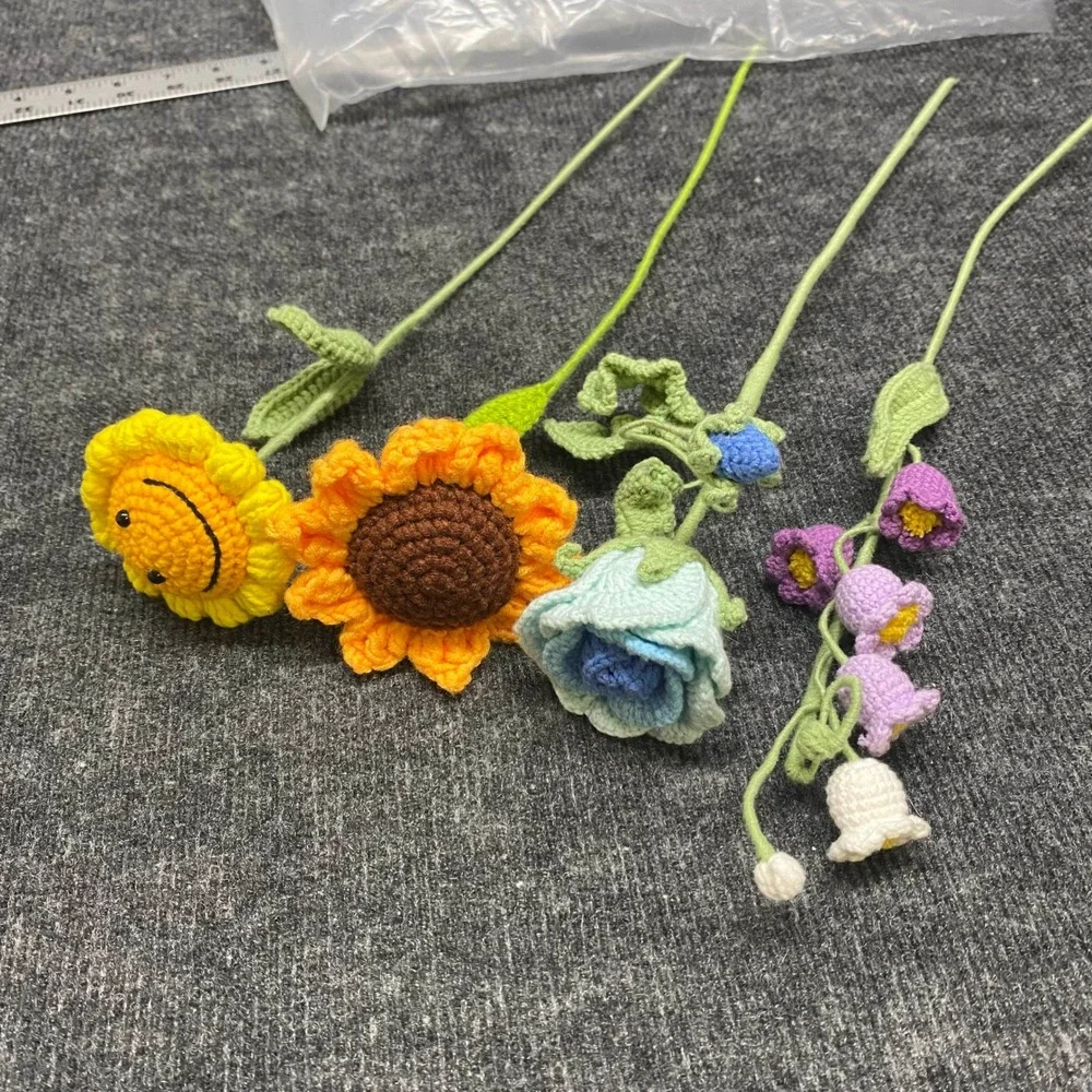 Handmade Crochet Flower Bouquet Sunflower Rose Bellflower 4 Piece Set Multi